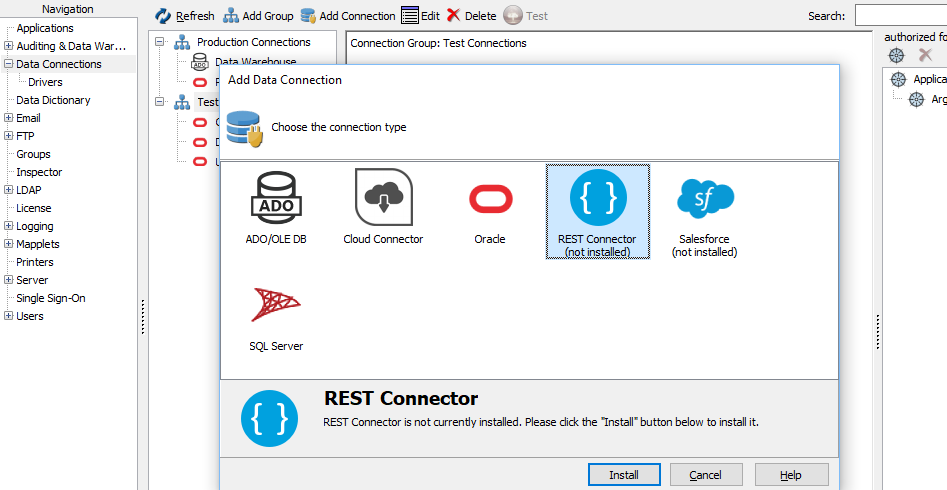 Rest Connector option on the Add Data Connection dialog, showing as not installed